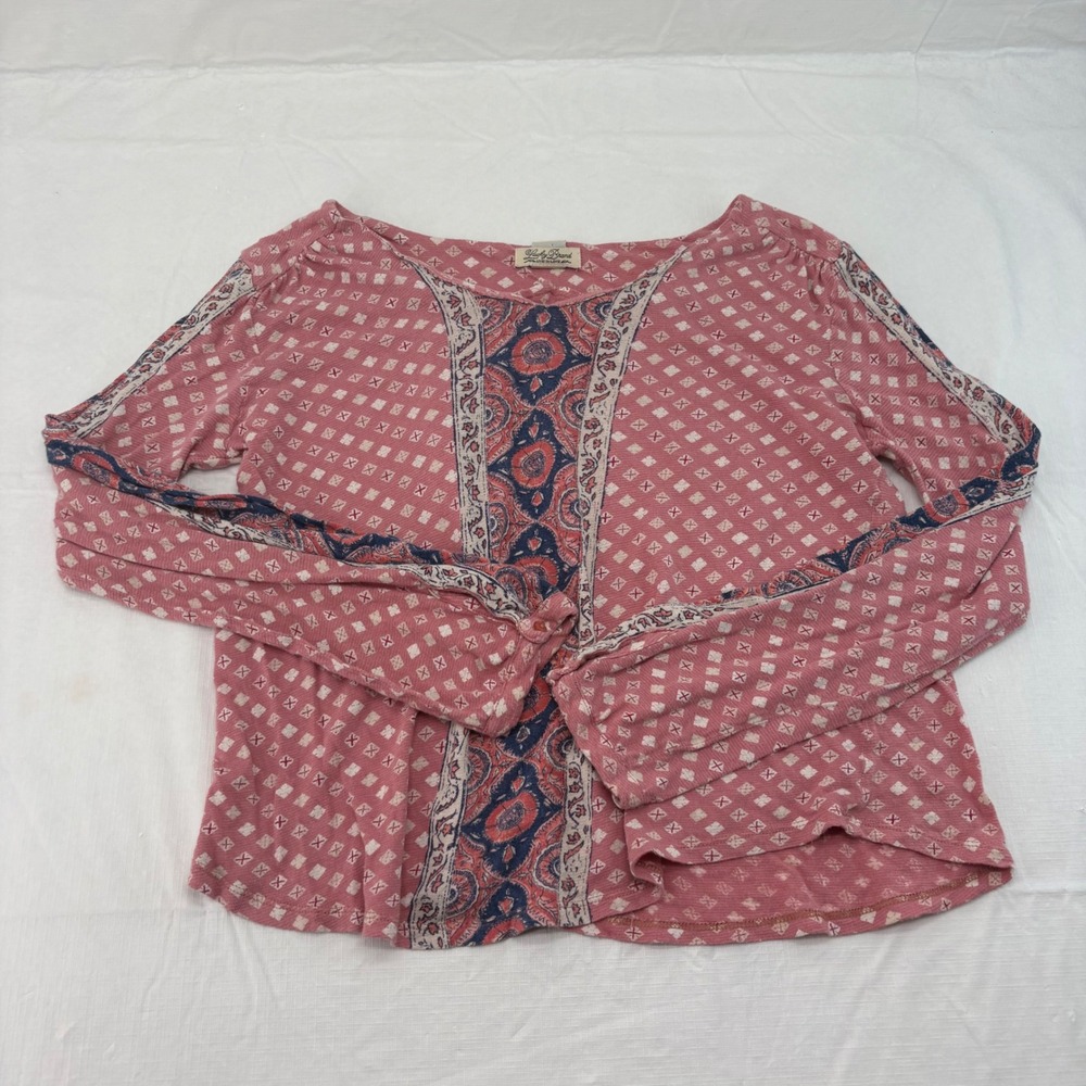 Lucky Brand Women Pink Geometric Medallion Boho Long Sleeve Scoop Neck Top S